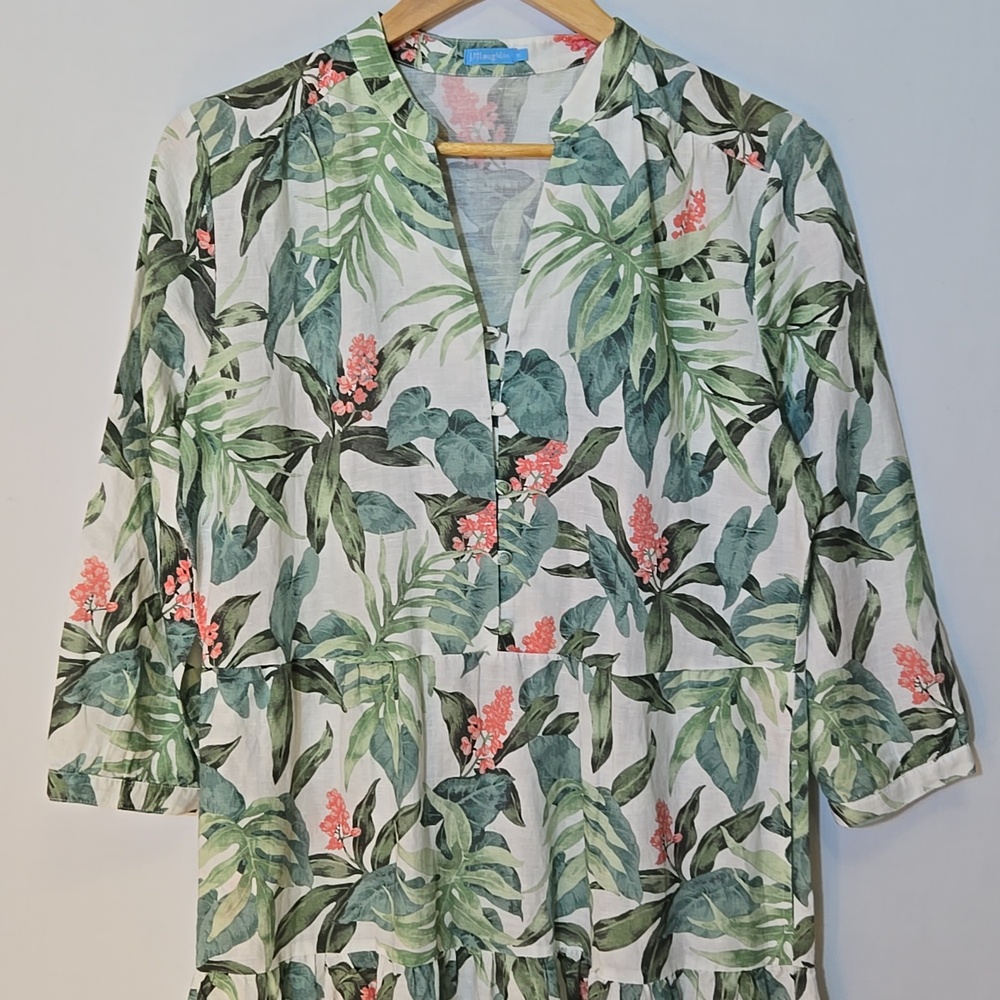 J. McLaughlin Cunningham Palm Print Linen Blend Tiered Shirt Dress M Resort - Picture 4 of 15